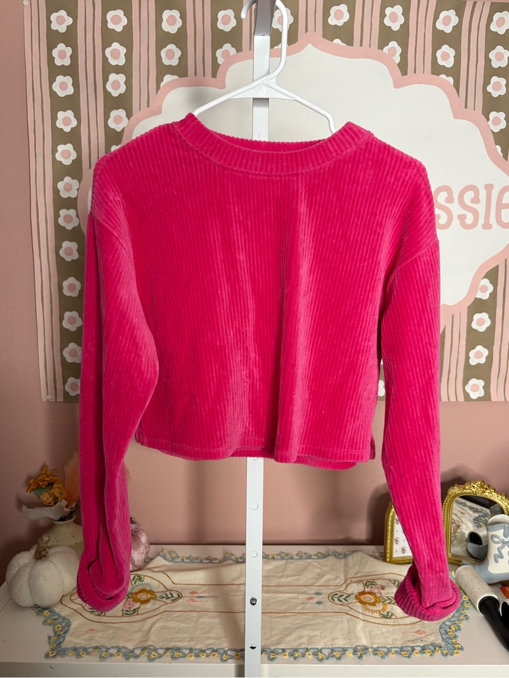 Altar'd State Hot Pink Corduroy Cropped Long-Sleeve Top
